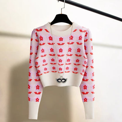 Embroidered flower breast style high-waisted pink pullover sweater for women in autumn and winter new warm base knitted sweater top