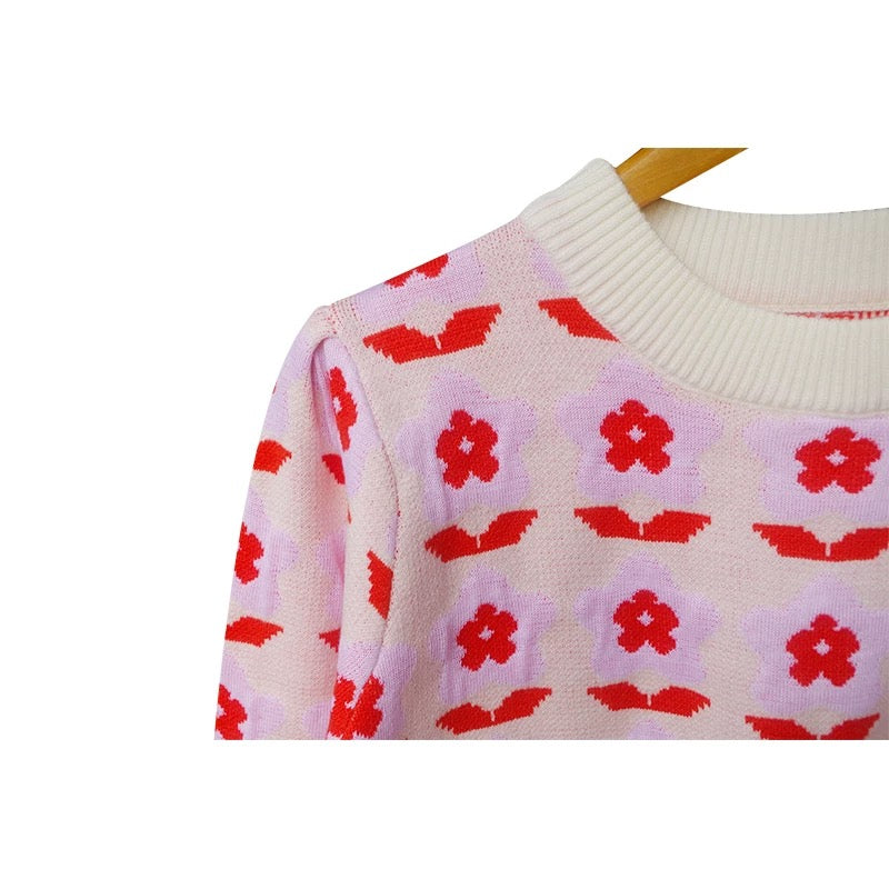 Embroidered flower breast style high-waisted pink pullover sweater for women in autumn and winter new warm base knitted sweater top