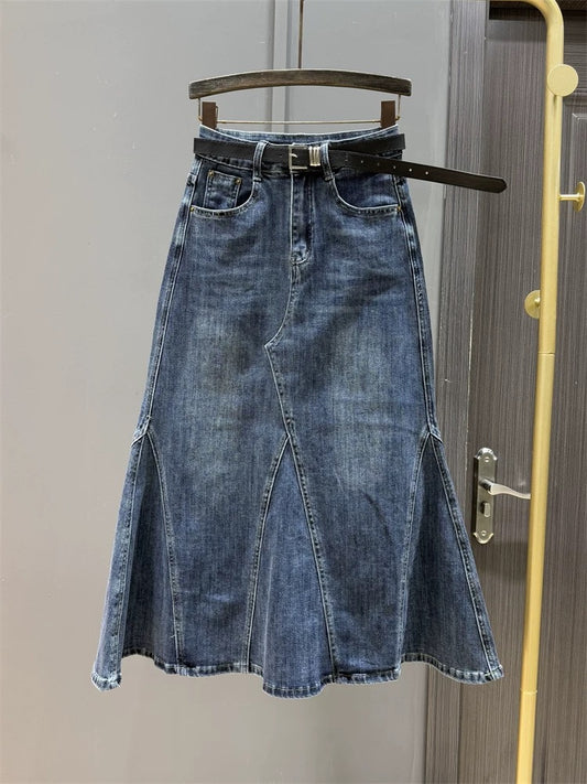 2025 new women's retro a-line high-waist elastic slimming mid-length hip-hugging fishtail skirt denim skirt