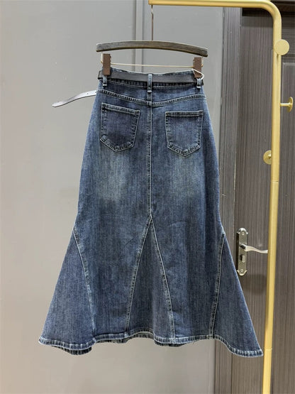 2025 new women's retro a-line high-waist elastic slimming mid-length hip-hugging fishtail skirt denim skirt