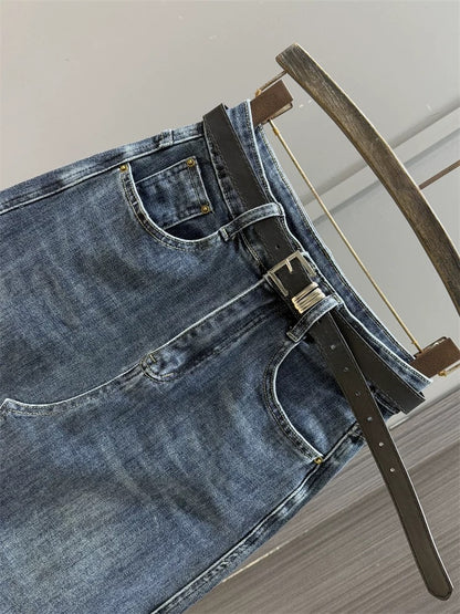 2025 new women's retro a-line high-waist elastic slimming mid-length hip-hugging fishtail skirt denim skirt