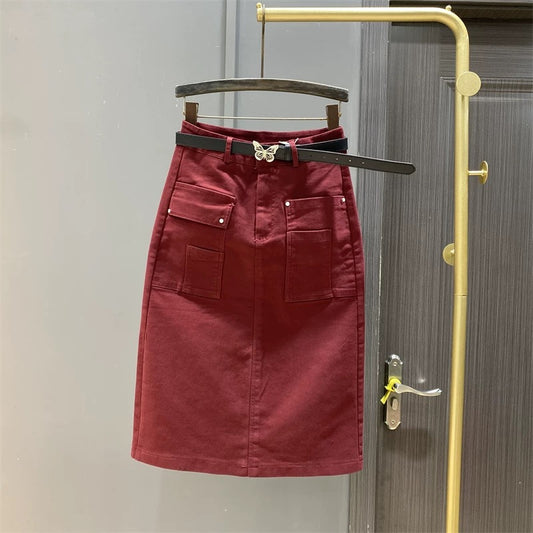 Fashionable burgundy high-waisted denim skirt women's mid-length summer new casual a-type one-step hip skirt