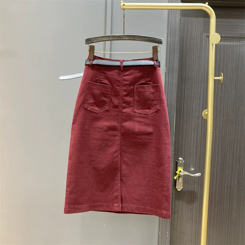 Fashionable burgundy high-waisted denim skirt women's mid-length summer new casual a-type one-step hip skirt