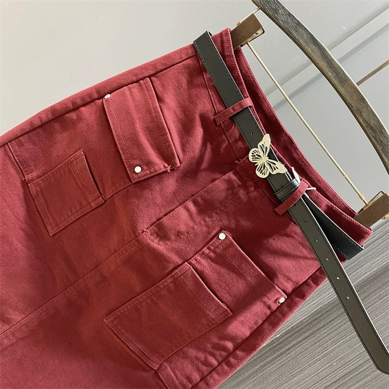 Fashionable burgundy high-waisted denim skirt women's mid-length summer new casual a-type one-step hip skirt