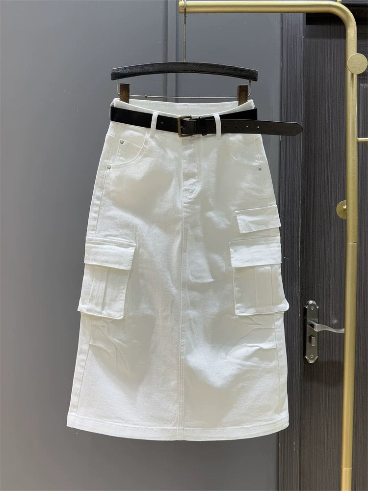 White high waist loose denim skirt for women casual spring fashion temperament personality straight mid-length workwear skirt