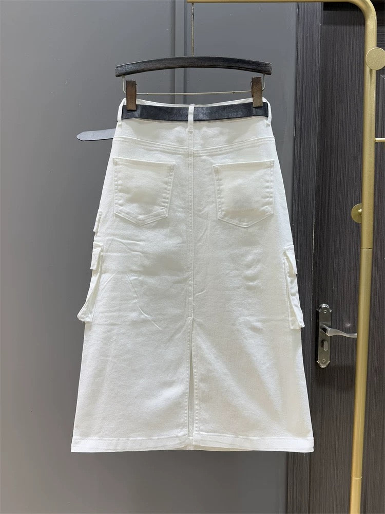 White high waist loose denim skirt for women casual spring fashion temperament personality straight mid-length workwear skirt