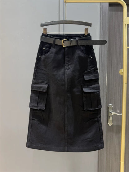 White high waist loose denim skirt for women casual spring fashion temperament personality straight mid-length workwear skirt