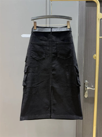 White high waist loose denim skirt for women casual spring fashion temperament personality straight mid-length workwear skirt