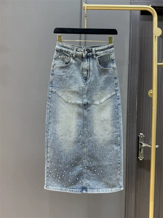 2025 spring and summer new style light blue heavy-duty hot-drilled high-waisted mid-length slimming one-step skirt denim skirt for women