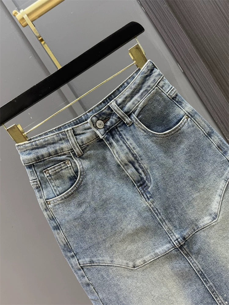 2025 spring and summer new style light blue heavy-duty hot-drilled high-waisted mid-length slimming one-step skirt denim skirt for women