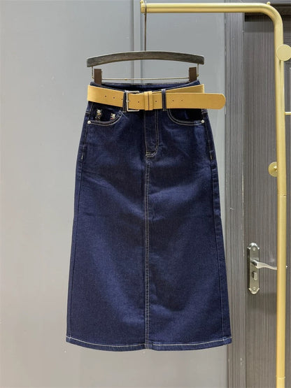 Dark blue high-waisted denim skirt for women 2025 spring new slim skirt with back slit straight hip-covering mid-length skirt