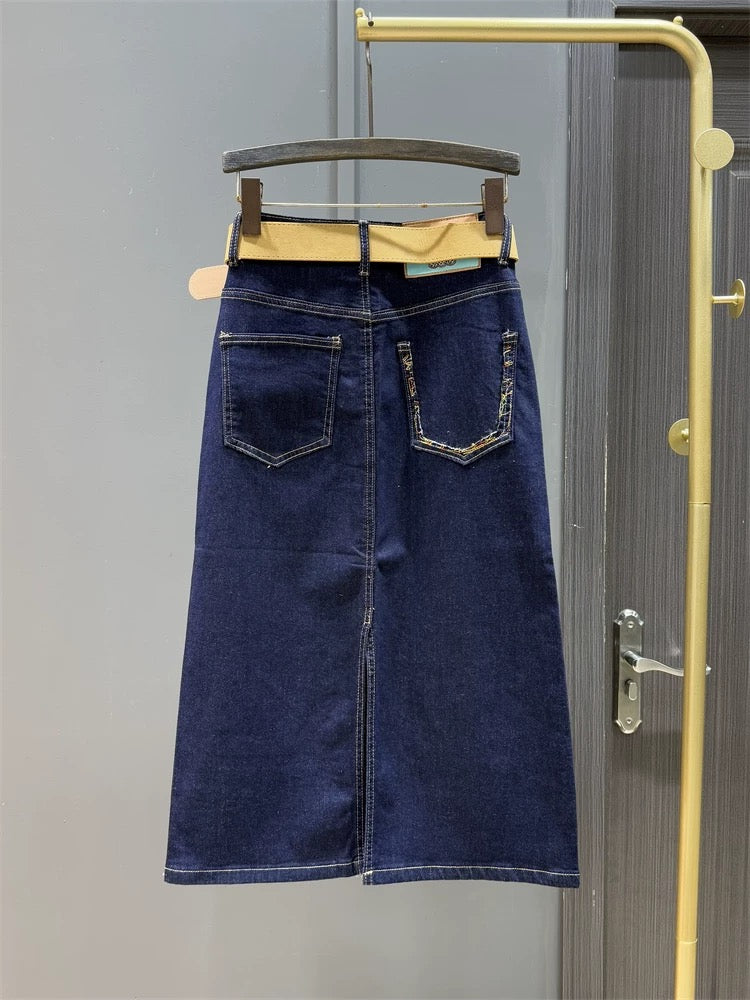 Dark blue high-waisted denim skirt for women 2025 spring new slim skirt with back slit straight hip-covering mid-length skirt