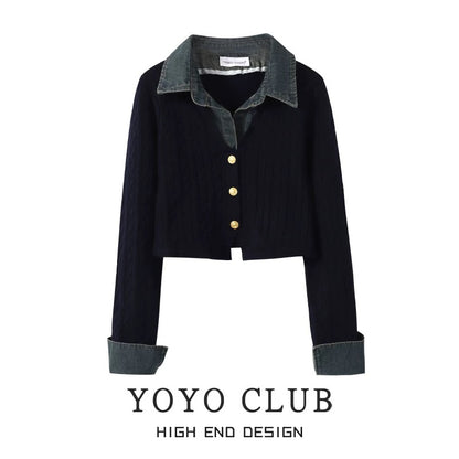 YOYO CLUB large size denim stitching fake two-piece top autumn and winter sweater women's design niche sweater