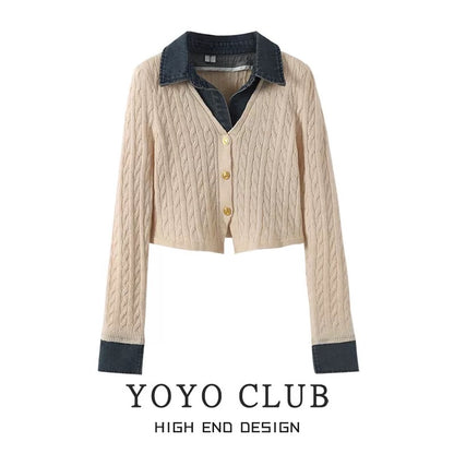 YOYO CLUB large size denim stitching fake two-piece top autumn and winter sweater women's design niche sweater