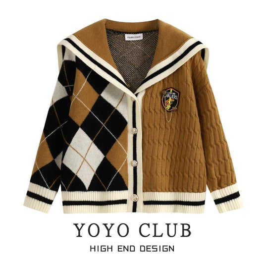 YOYO CLUB large size college style navy collar knitted cardigan autumn and winter new contrast color rhombus sweater jacket