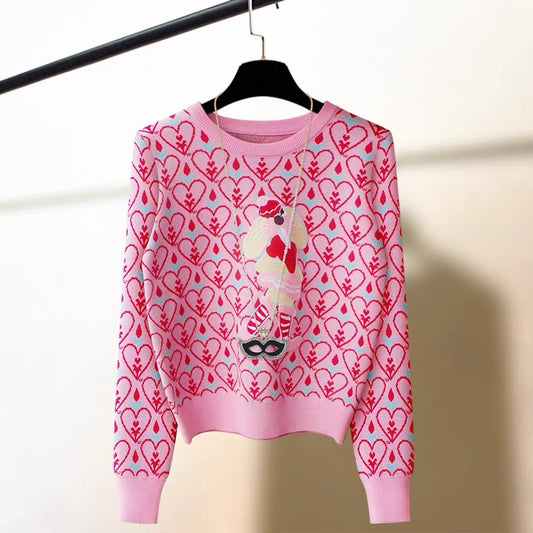 Embroidered rabbit pink long-sleeved pullover sweater for women autumn and winter new warm base sweater outer loose top