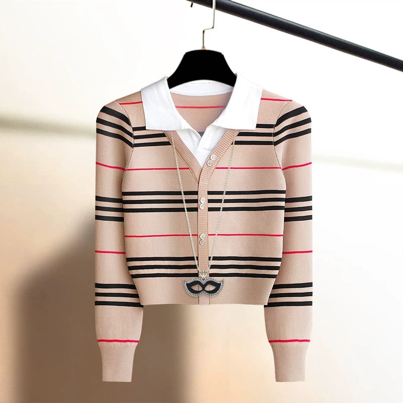 New arrival in early autumn, French retro style, western-style knitted sweater for women, high-end fake two-piece long-sleeved thin sweater top