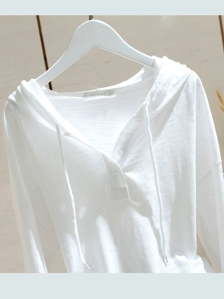 White hooded long-sleeved t-shirt for women 2024 spring and autumn new style loose slimming bamboo cotton inner layered bottoming shirt trendy top