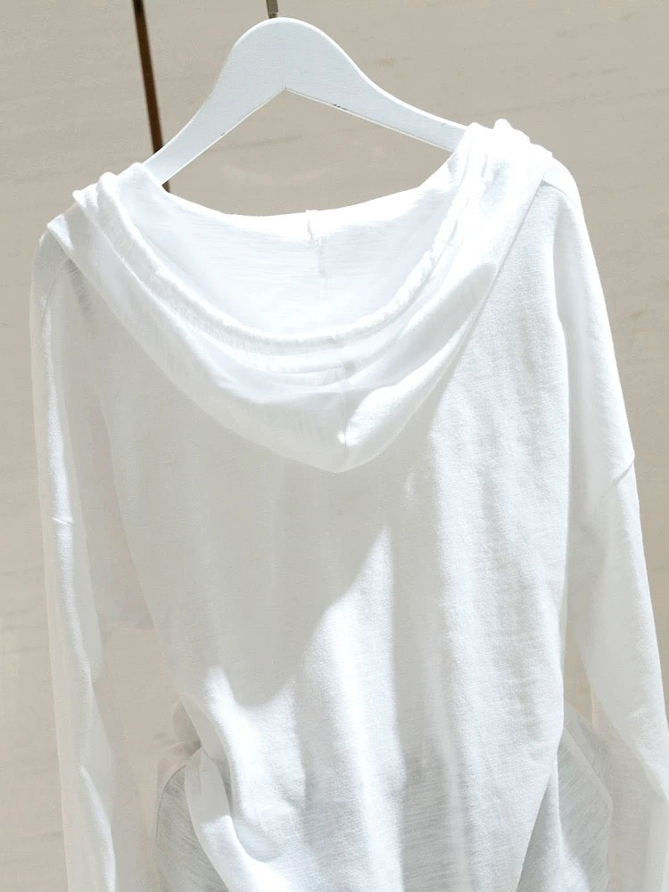 White hooded long-sleeved t-shirt for women 2024 spring and autumn new style loose slimming bamboo cotton inner layered bottoming shirt trendy top