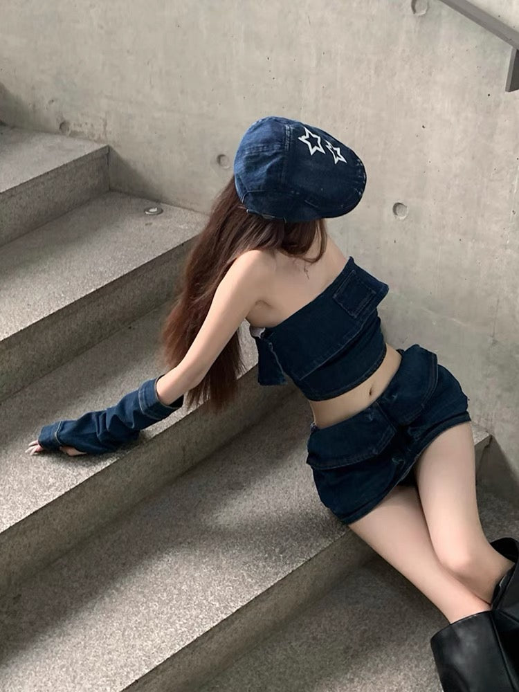 Women's summer suit fashion hot girl denim tube top vest 2023 new