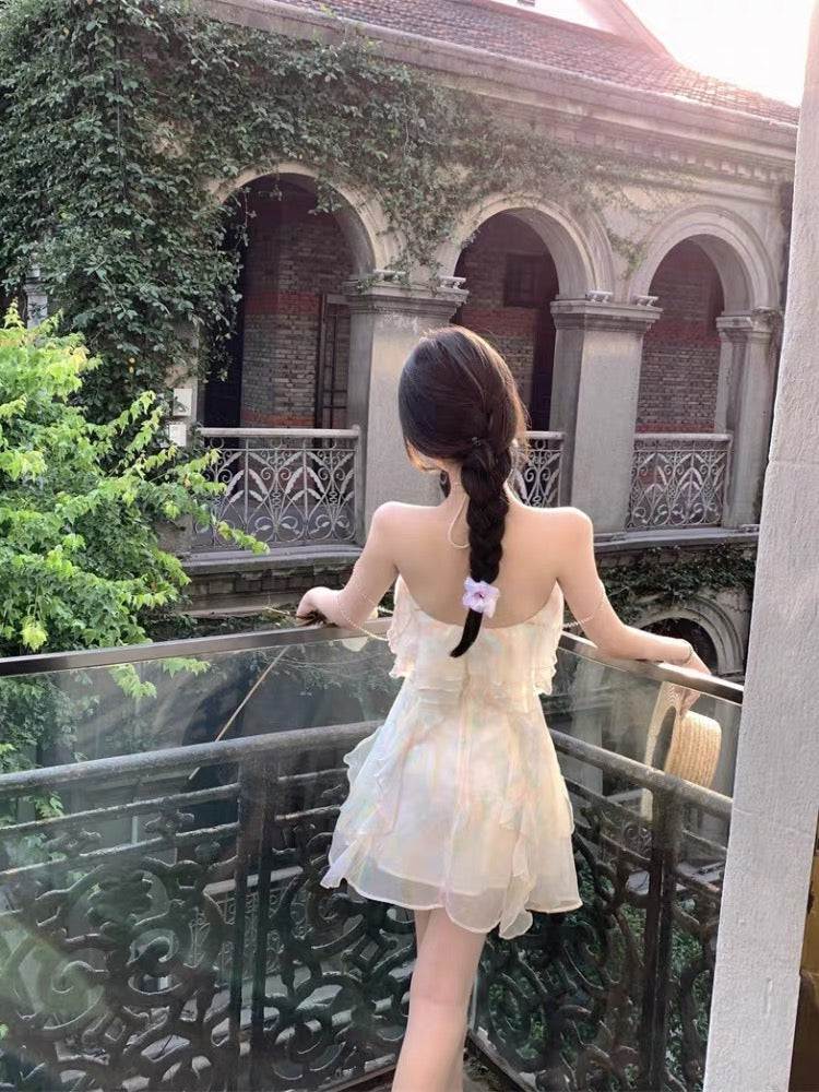 Sixi sixi white halterneck dress female French style 2023 summer new gentle wind strapless suspender skirt