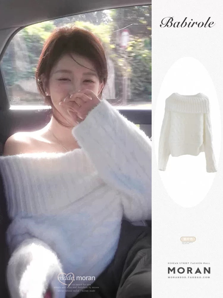 White off-shoulder one-neck sweater for women in autumn and winter, lazy style, pure lust, sweet hot girl, super nice thick knitted top, loose