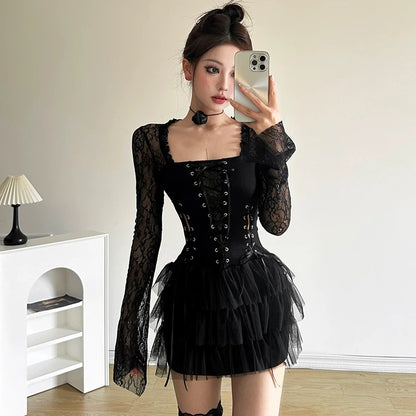 #Sisjuly#Vibe Dark Versailles Layered Waist Dress Women's Palace Style Strap Slim Skirt