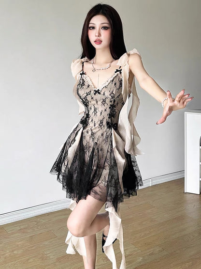 #Sisjuly# Lolita pinch-waist princess dress with cool and quiet feeling, sweet and cool style retro mesh dress for women