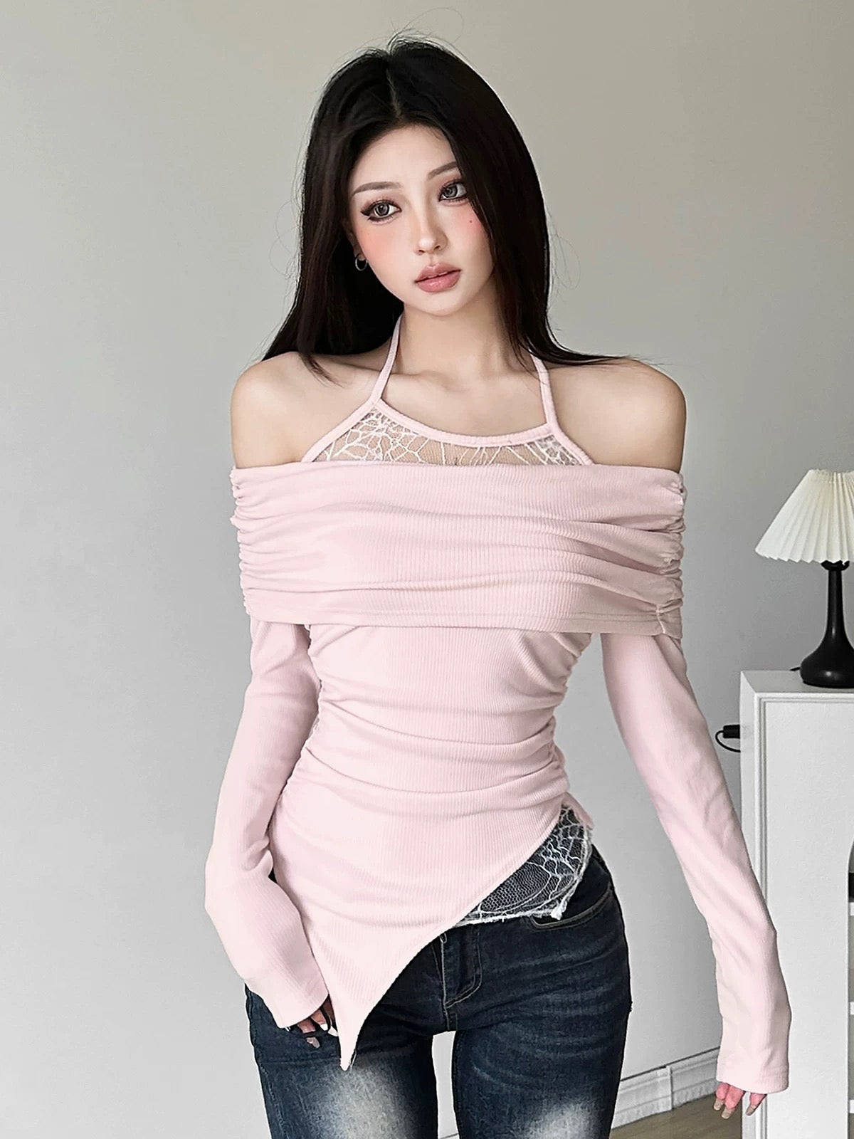 #Sisjuly#Romantic Sakura Pink Super White Fake Two-piece Lace-up Halter T-Shirt for Women Irregular and Versatile Top