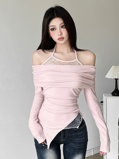 #Sisjuly#Romantic Sakura Pink Super White Fake Two-piece Lace-up Halter T-Shirt for Women Irregular and Versatile Top