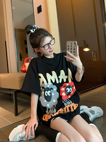 Black short-sleeved t-shirt women 2023 summer loose cotton design sense niche cartoon age reduction all-match half-sleeved top