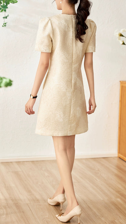 2023 summer new women's light luxury high-end sense of celebrity temperament heavy industry beaded puff sleeve jacquard a-line dress