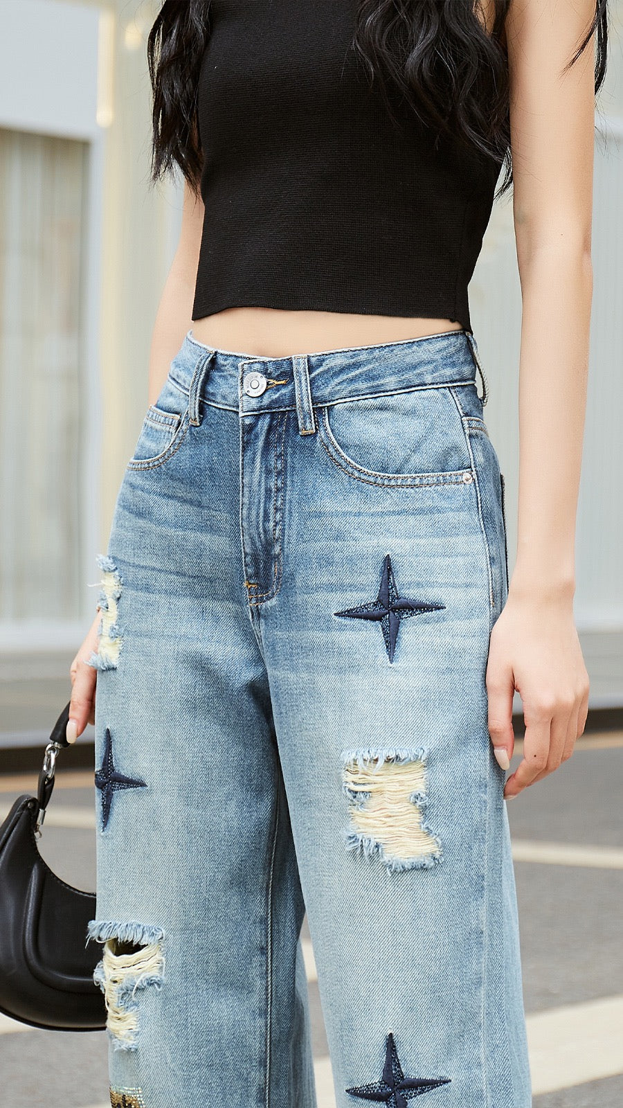 Baggy High Waist Blue Straight Jeans Pants Women New Embroidery