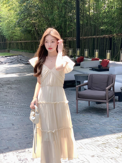 ByYou summer new apricot tencel V-neck dress femininity waist pleat mid-length fairy skirt