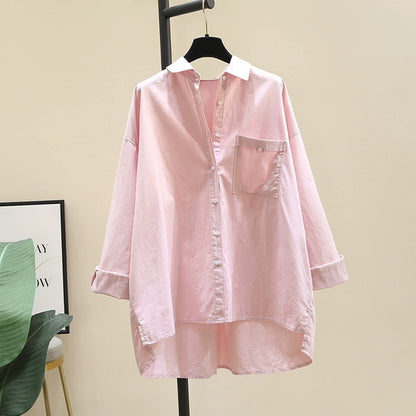 Design sense niche mid-length pink shirt female 2023 autumn new Korean version loose lazy wind shirt top