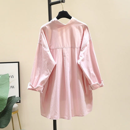 Design sense niche mid-length pink shirt female 2023 autumn new Korean version loose lazy wind shirt top