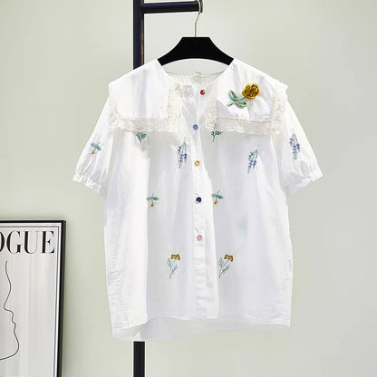 100 yuan, three pieces, contact customer service to change the price, white embroidered lapel short-sleeved doll shirt short-sleeved age-reducing shirt