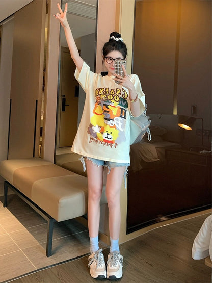 Apricot fun cartoon short-sleeved t-shirt women's summer 2023 new small foam letter cotton front shoulder top