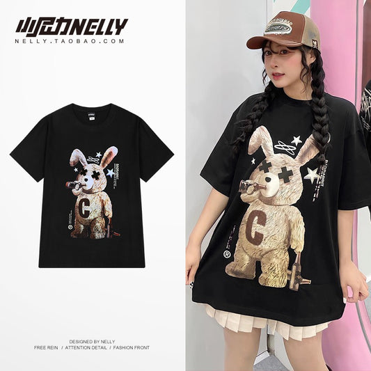 Homemade oversize rabbit print short-sleeved t-shirt men and women loose couple casual trend round neck five-quarter sleeve b