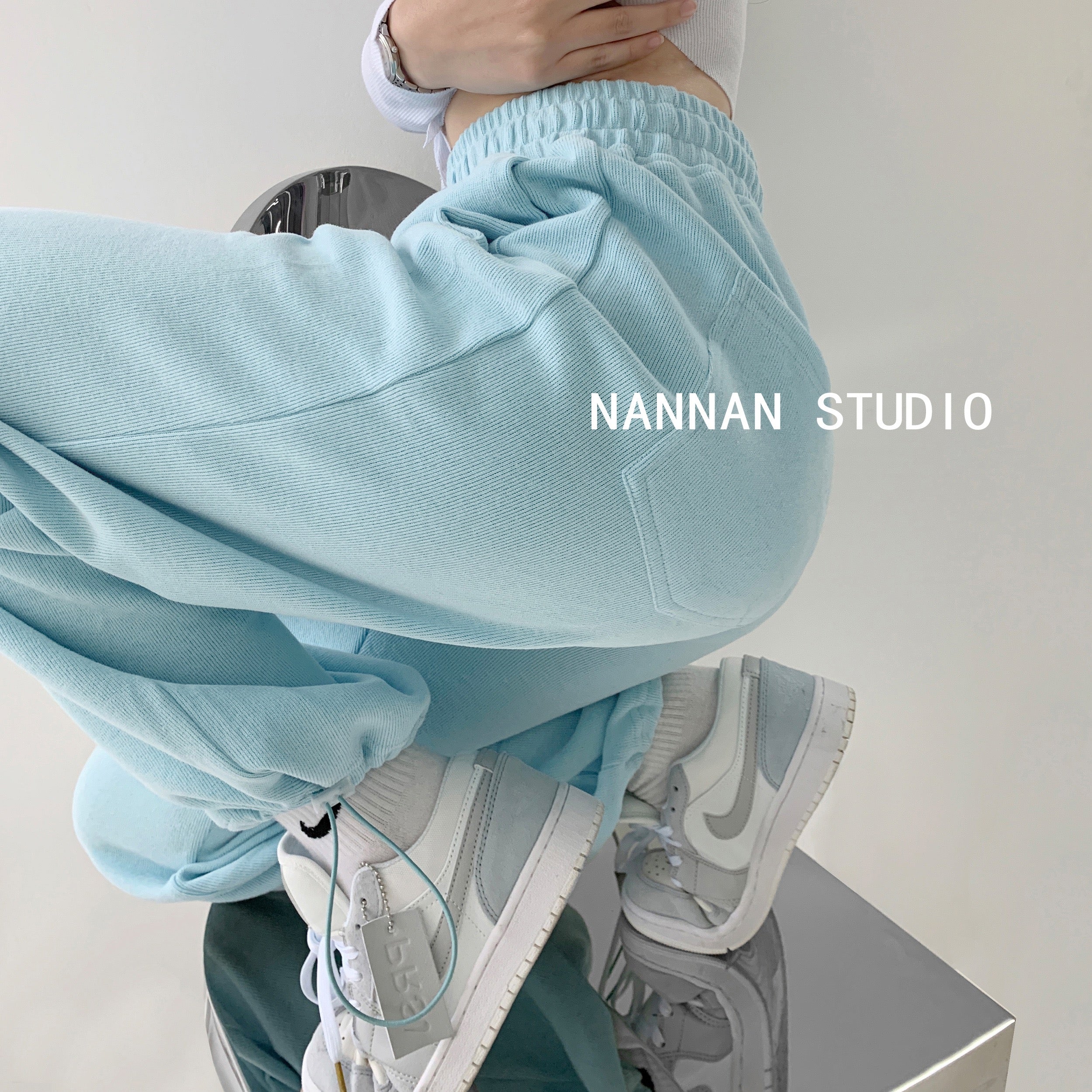 Spring and autumn baby blue sports pants women's high waist loose draw –  Lee Nhi Boutique