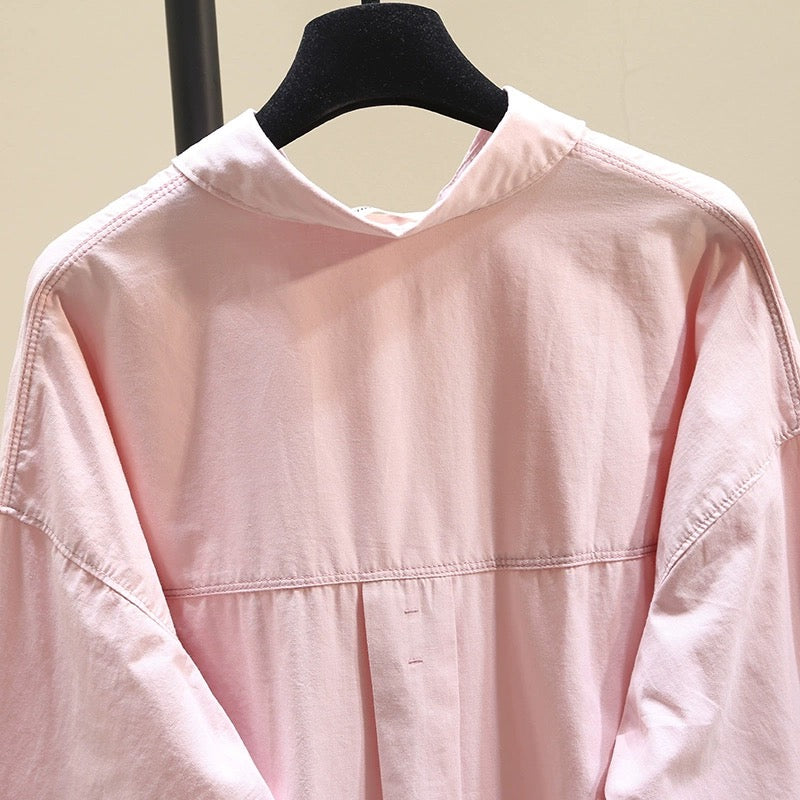 Design sense niche mid-length pink shirt female 2023 autumn new Korean version loose lazy wind shirt top