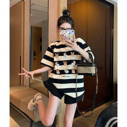 Striped short-sleeved t-shirt women's summer 2023 new American style retro foreign style age reduction loose print shoulder top ins