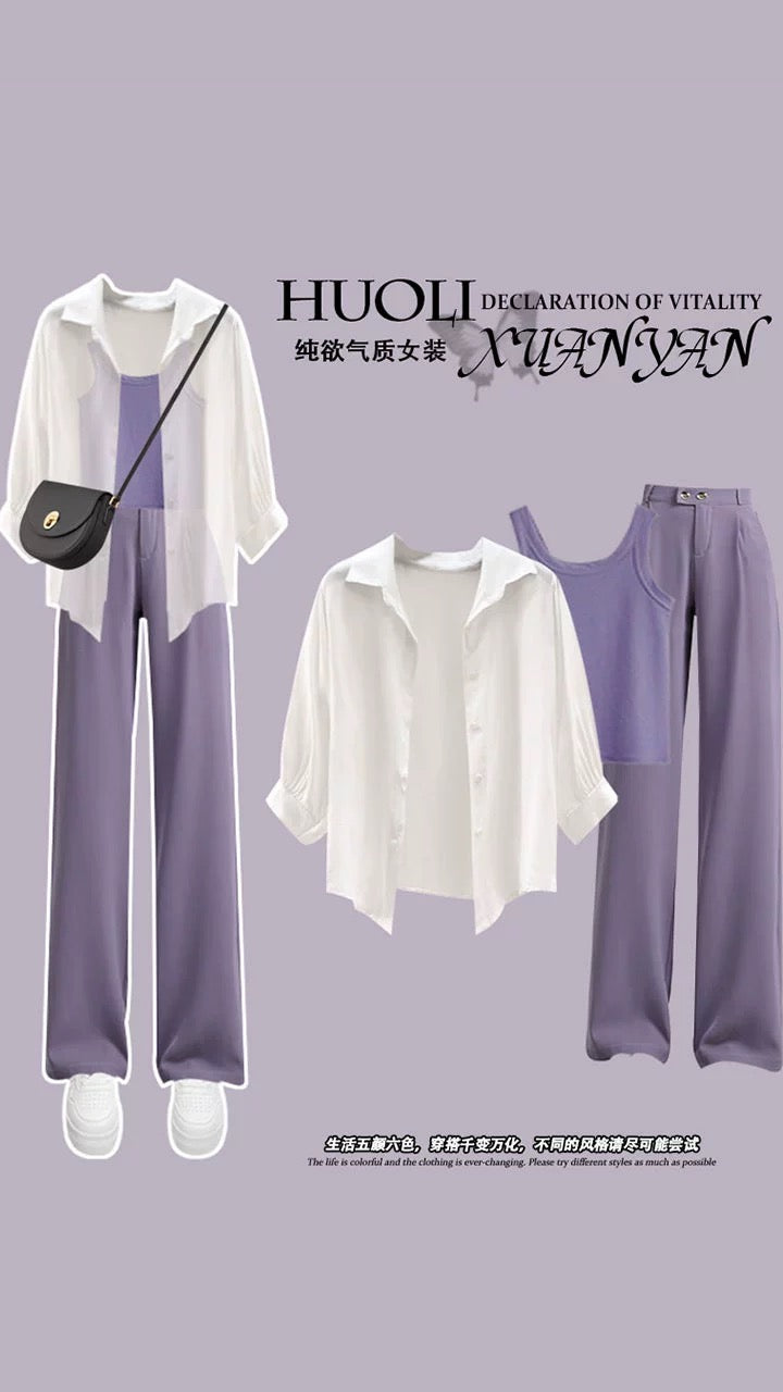 Sunscreen casual suit women's summer style 2023 new purple fragrance style high-end sense small tea wear a complete set