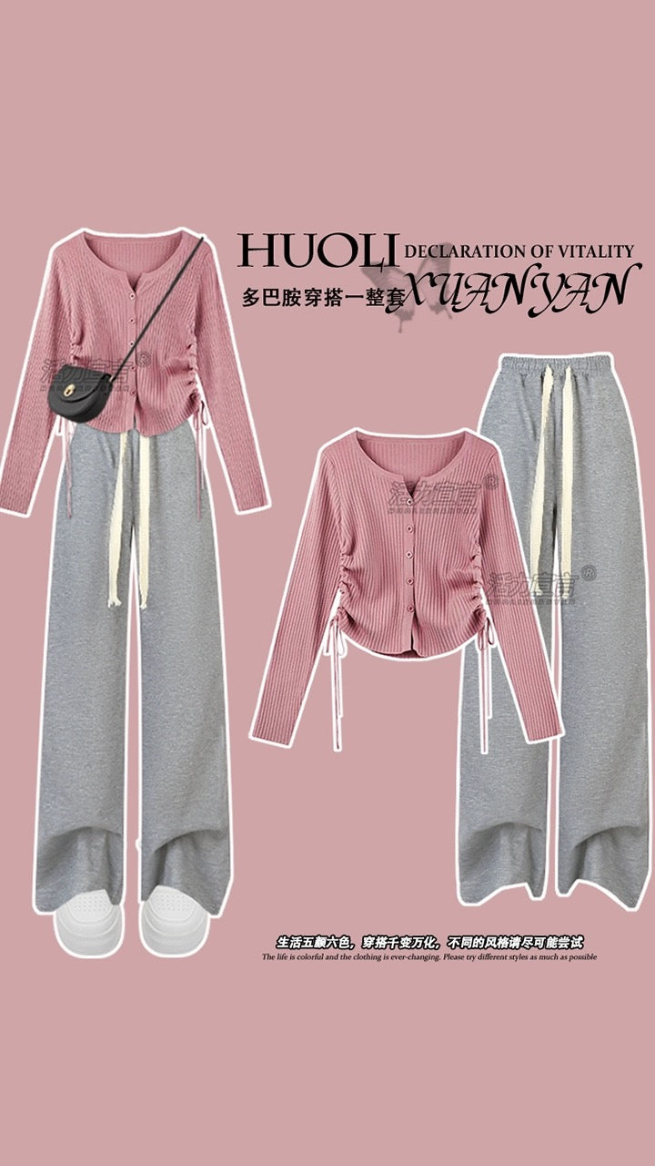 Small people wear a whole set of autumn clothes women's 2023 new sports suit college style dopamine two-piece trousers