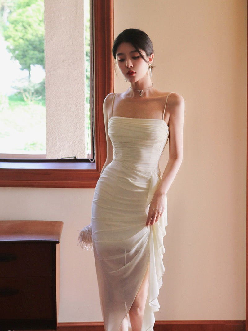 white strapless chiffon dress