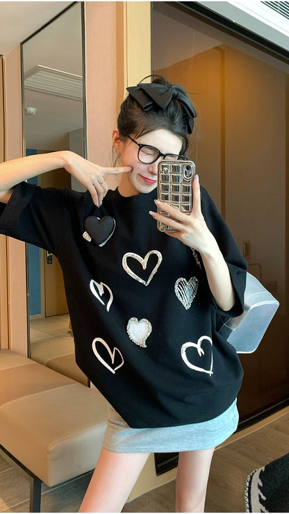 Black shoulder t-shirt women 2023 summer new loose all-match heavy hot diamond love pure cotton short-sleeved top ins