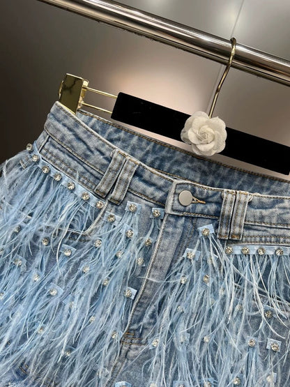 Grapefruit MM 2023 summer ostrich feather decoration inlaid diamond raw edge pure desire ins wind heavy industry thin denim shorts