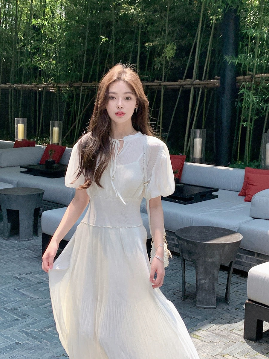 ByYou Summer Beige Puff Sleeve Chiffon Dress Women's Knitted Stitching Waist Mid-length Pleated Skirt