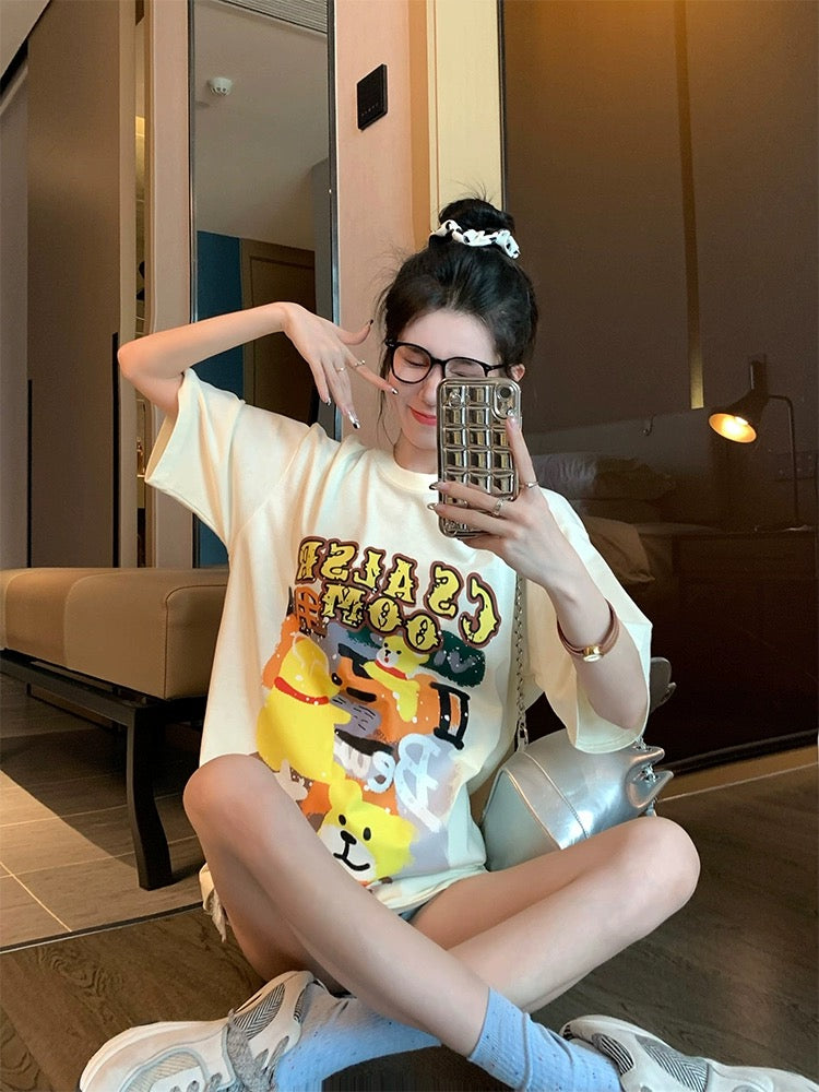 Apricot fun cartoon short-sleeved t-shirt women's summer 2023 new small foam letter cotton front shoulder top