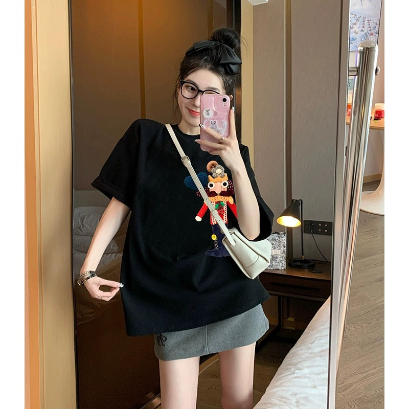 Black short-sleeved t-shirt women's summer 2023 new three-dimensional cartoon American heavy industry design sense loose cotton top